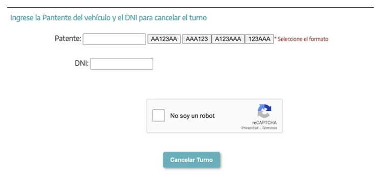 Pantalla para cancelar el turno de la VTV en Patagones con patente y DNI